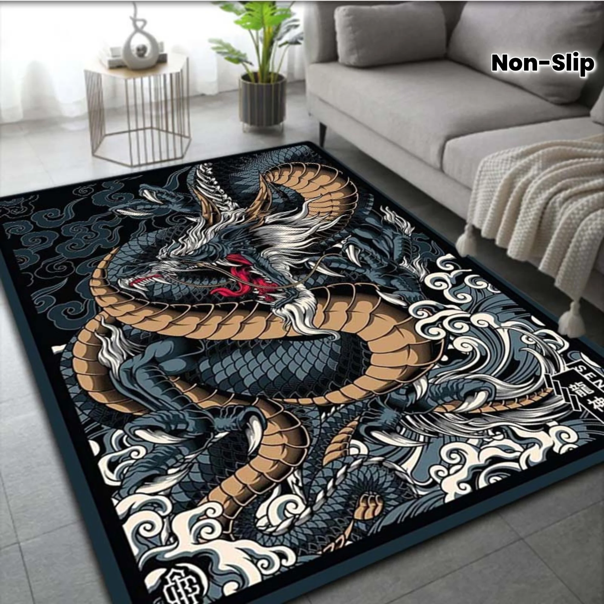 Flanell-Teppich mit Aufdruck im chinesischen Drachen-Tattoo-Stil, rutschfest, weicher Teppich für Wohnzimmer, Schlafzimmer, moderne asiatische Dekoration, künstlerisches Design Image
