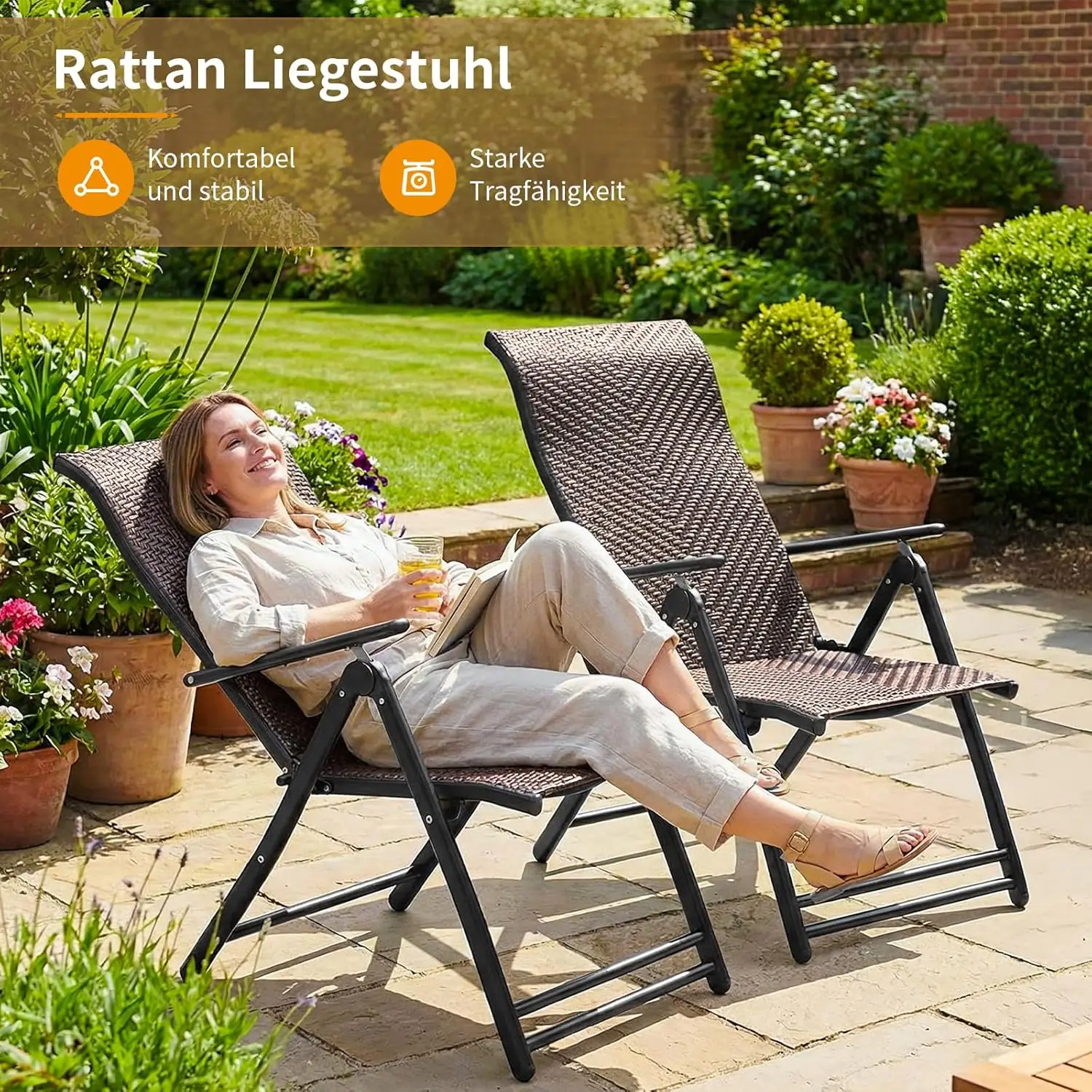 Klappbarer Gartenstuhl aus Korbgeflecht, Outdoor-PE-Rattan-Liegestuhl, Campingstühle mit 7-fach verstellbarer hoher Rückenlehne für Garten und Balkon
