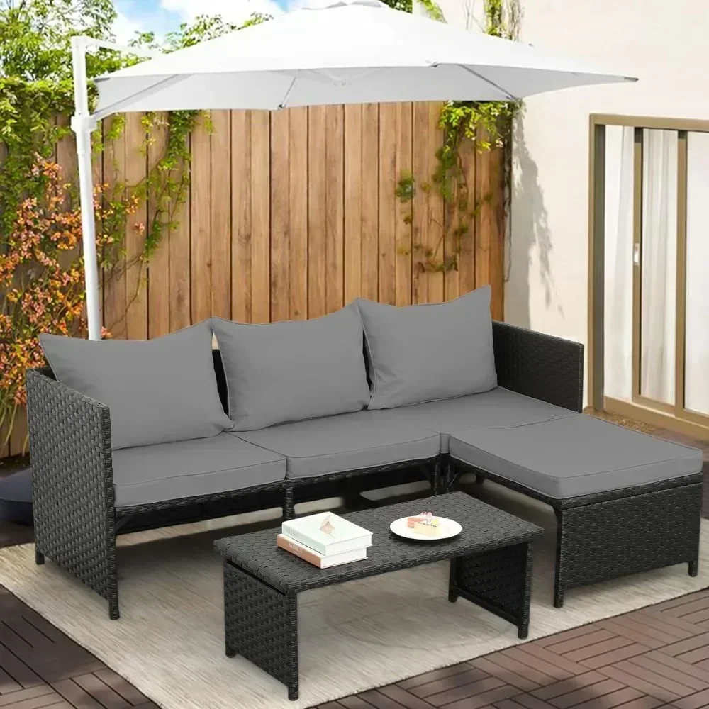 L # Für Outdoor PE Rattan Möbel Set Terrasse Schwarz Korbgeflecht Gespräch Loveseat Sofa Schnittcouch Grau Kissen Gartensofas
