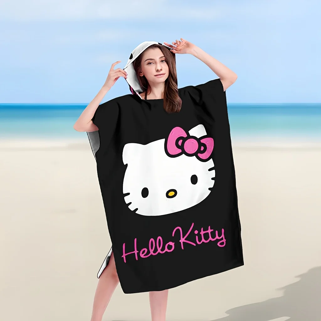 1 Stück Hello Kitty Surf-Poncho-Handtuch, Polyester Schnelltrocknender Kapuzen-Strandmantel, Niedlicher Sanrio-Charakter Umziehponcho, Geschenk für Hello