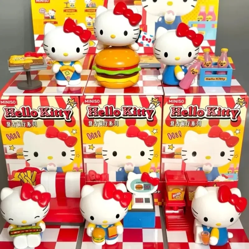 Authentische Hello Kitty Vintage Restaurant Series Blind Box, niedliche Sammelfigur, Schreibtischdekoration für Hello Kitty Fans