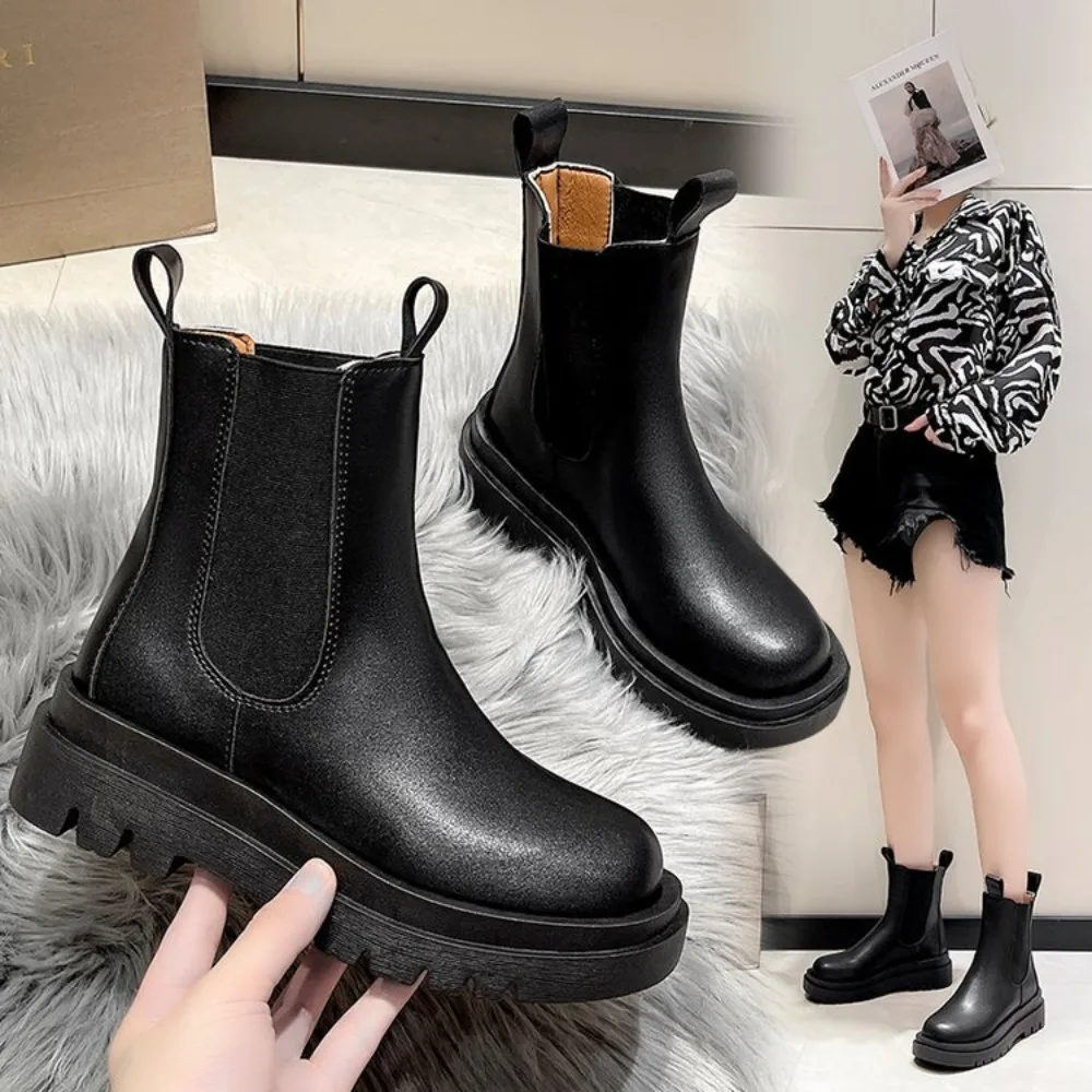 Damenstiefel mit Dicker Sohle Chelsea Boots Flache Freizeitstiefel Hochwertige Modische Damenschuhe Luxuriöse Damenschuhe