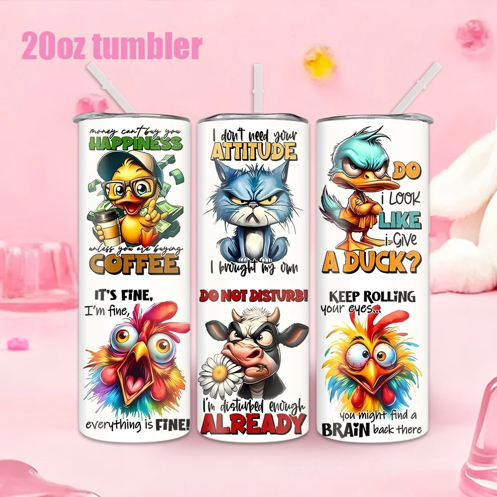 1 Stück Edelstahl-Wasserflasche/-Becher mit Strohhalm – Kollektion mit Cartoon-Tier-Emoji-Muster (20oz / 591ml) Image