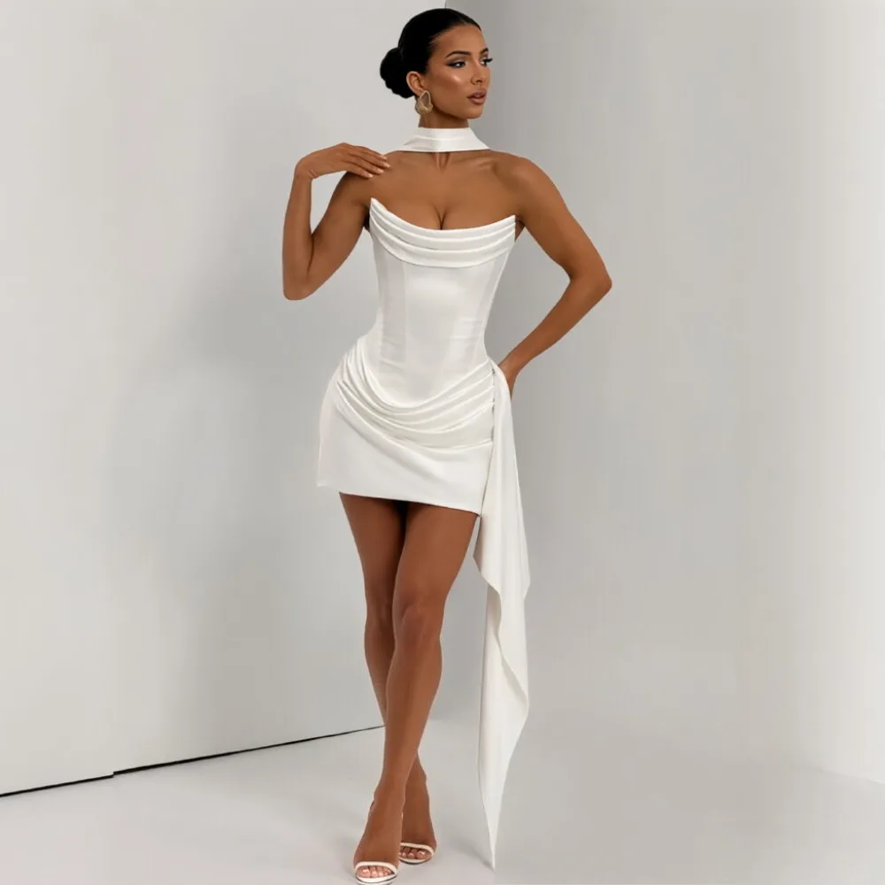2026 Sommer Schulterfreies Trägerloses Sexy Minikleid für Damen – Elegantes Rückenfreies Ärmelloses Kleid mit Hoher Taille, Drapierungen und Raffungen für Club- und Party-Anlässe Image
