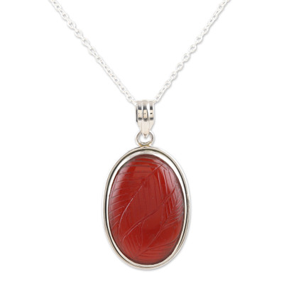 Leaf Charm,'Red Onyx Pendant Necklace Crafted from Sterling Silver'