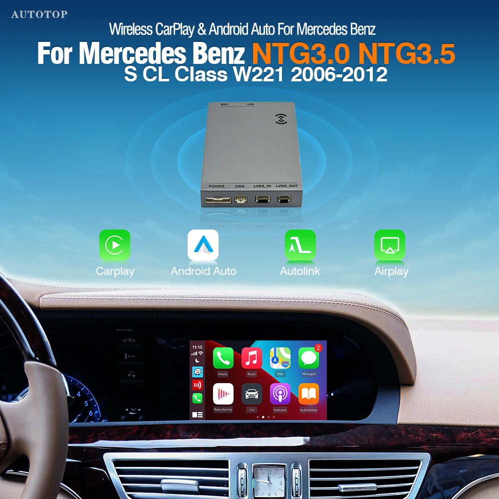 AUTOTOP Kabelloses CarPlay Nachrüst-Kit Decoder für Mercedes NTG3.0 NTG3.5 S-Klasse W221 2006-2012 Android Auto Modul GPS BT Wi-Fi Image