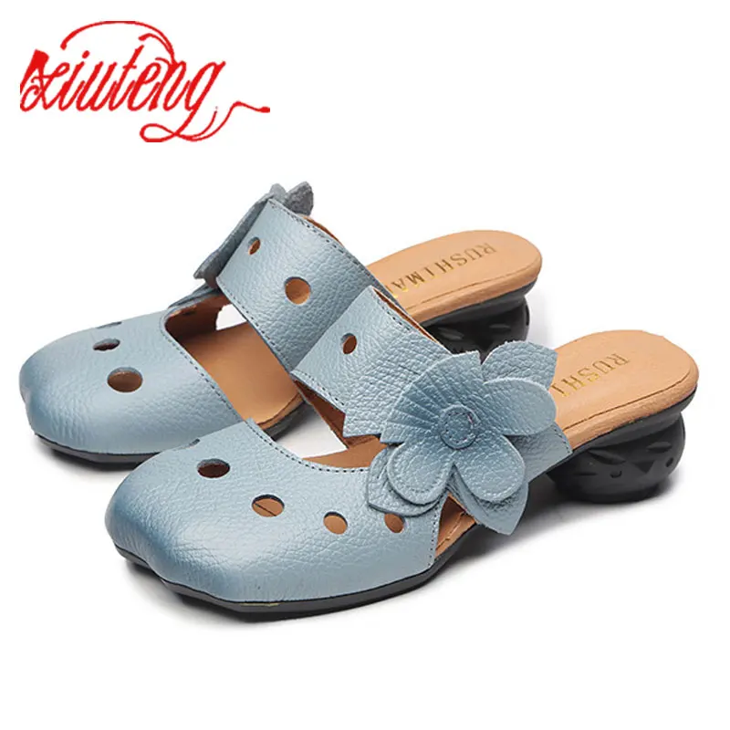 Xiuteng Hohl Sandalen Blumen Muster Echtem Leder Großen Kopf Einstellbar Täglichen Sandalen Damen Schuhe Frühjahr Neue Frauen Hausschuhe