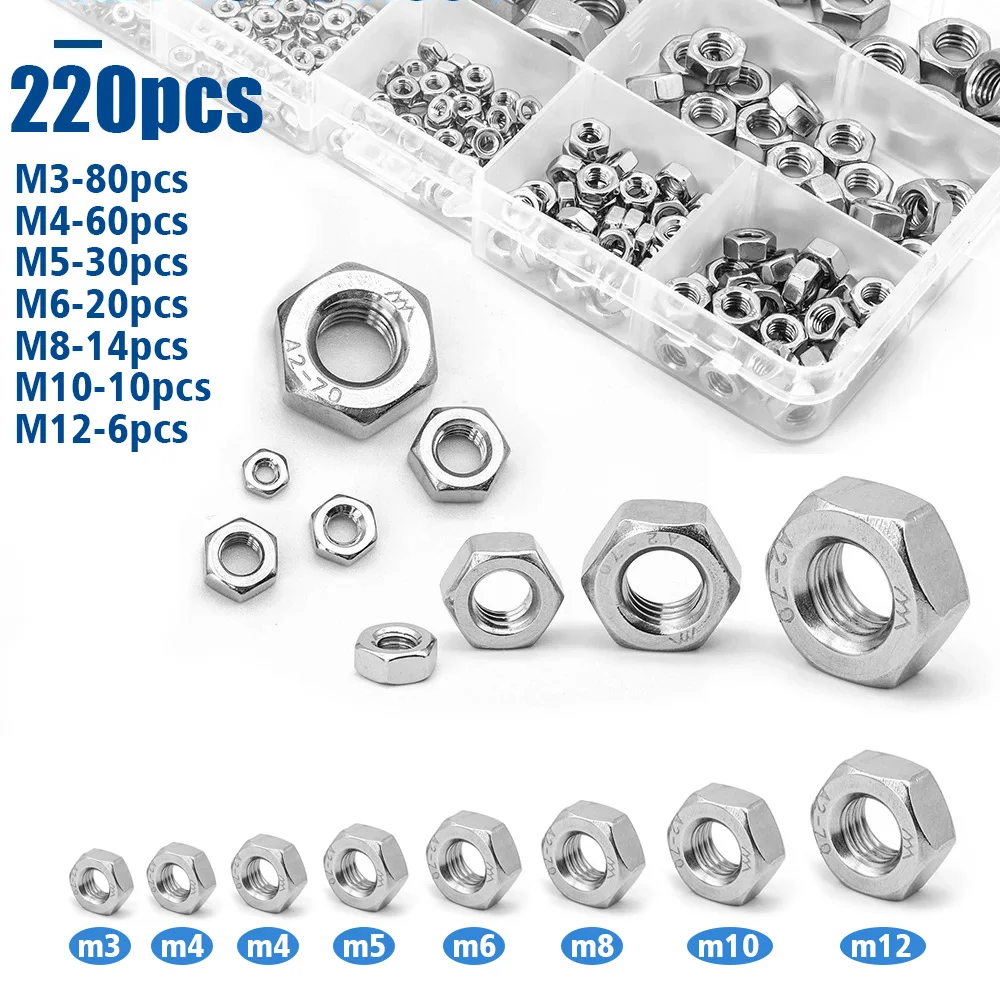 220-teiliges Set aus Edelstahl-Sechskantmuttern M3M4M5M6M8M10M12, Zubehör für Industrieanlagen, Wartung von Wohngebäuden. Image