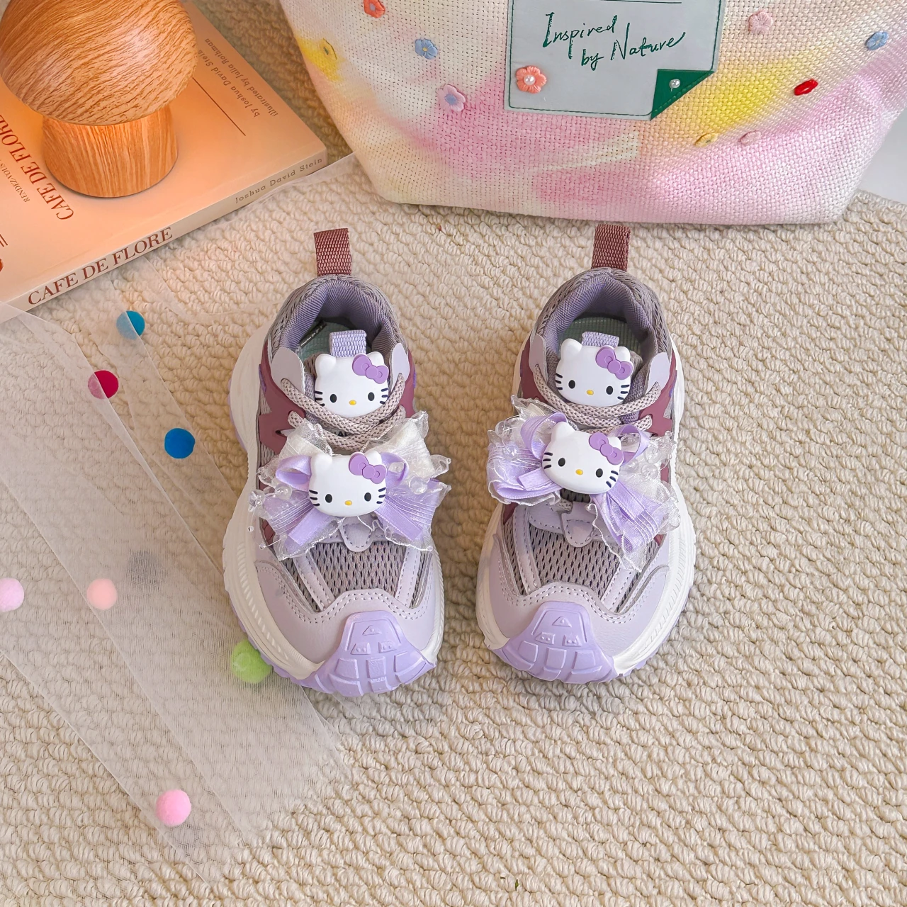 Freizeitschuhe für Kinder, Mädchen, Hello Kitty, Cartoon, PU-Leder, Frühlingsmode, Schuhe mit flachem Boden, atmungsaktiv, lila, Größe 26–36