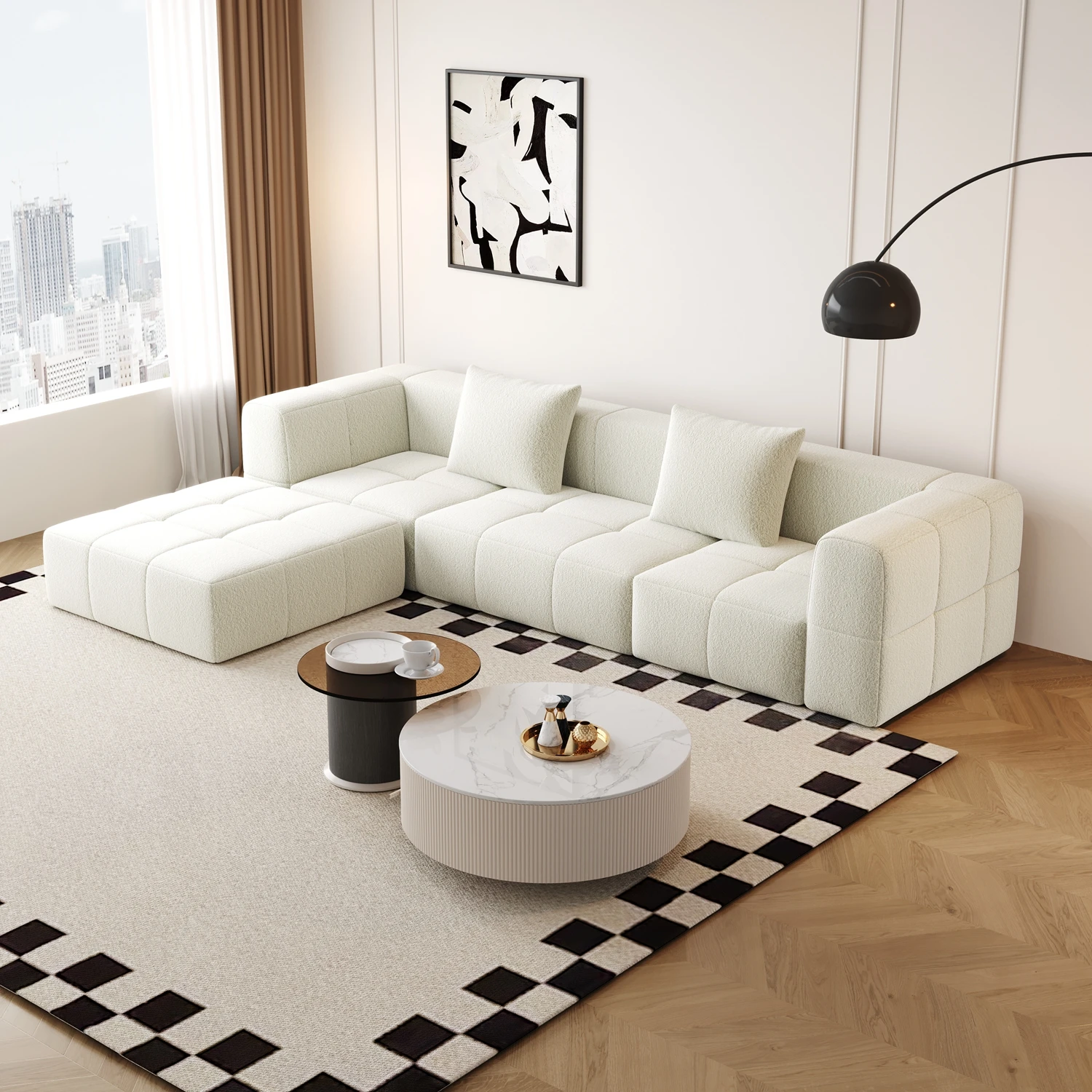 Nordisches Design Teddy-Velours L-förmiges Wohnzimmer-Sektionalsofa-Set Vakuumkomprimiertes Lounge-Ecksofa Image