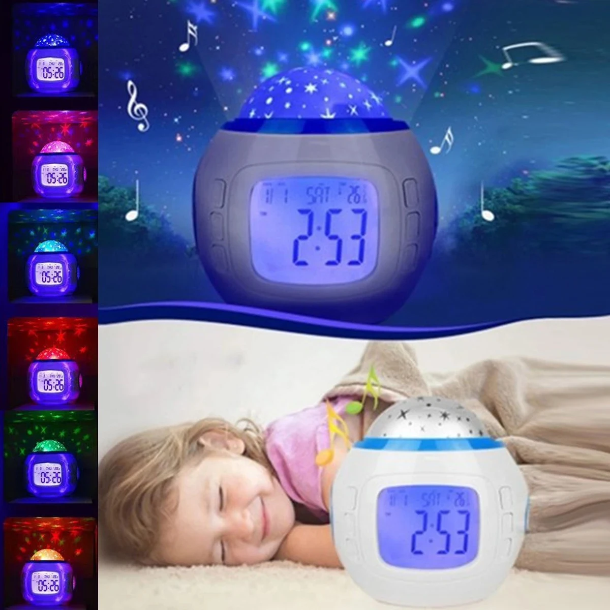 LED-Sternenhimmel-Farbwechsel-Projektionswecker, Nachttischlampe für Schlafzimmer, für Kinderzimmer