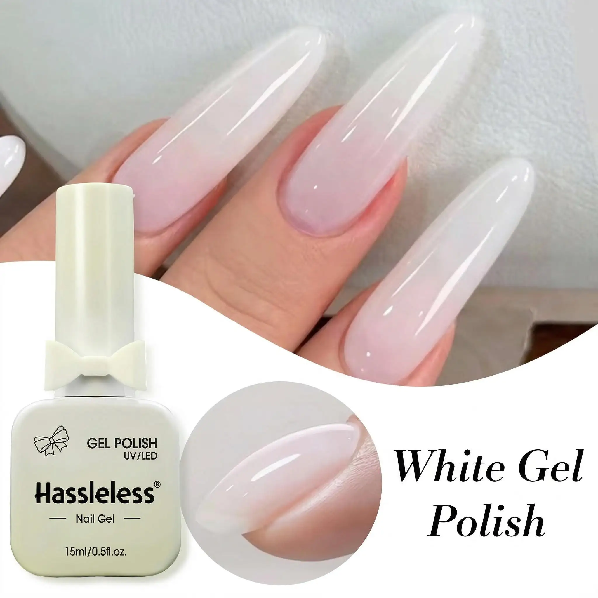 Hassleless 15 ml milchig-weißer Jelly-Gel-Nagellack, halbtransparent, semi-permanent, ablösbar, UV/LED-Gel-Nagellack, Nagelkunst Image