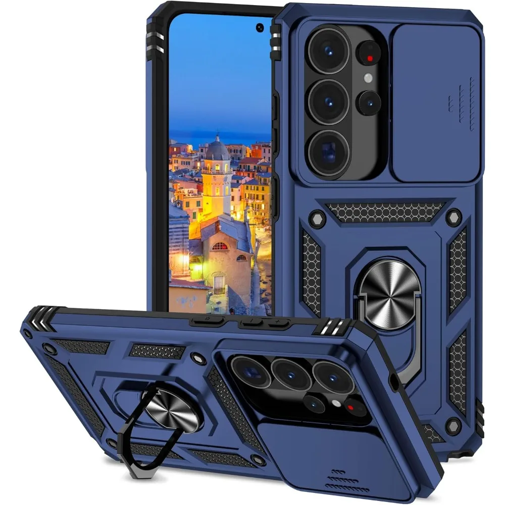 Luxuriöse Militär-Ring-Ständerhülle für Samsung Galaxy S26 S25 S24 S23 S22 Plus Ultra Stoßfeste Schutzhülle mit Schiebe-Kameralinsenabdeckung Image