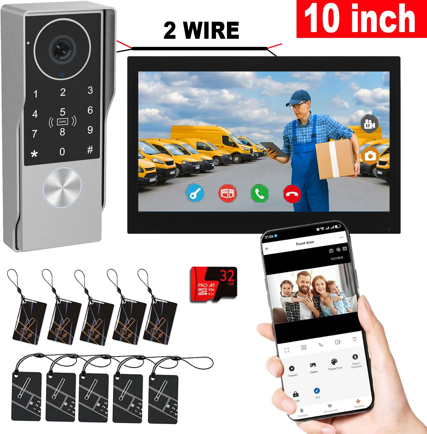 2-Draht-Video-Türsprechanlage mit Tuya-App, IC-Karten-PIN-Entsperrung, 1080P-Kamera, 5G-WLAN-Unterstützung, Smart 10-Zoll-Video-Gegensprechanlage Image