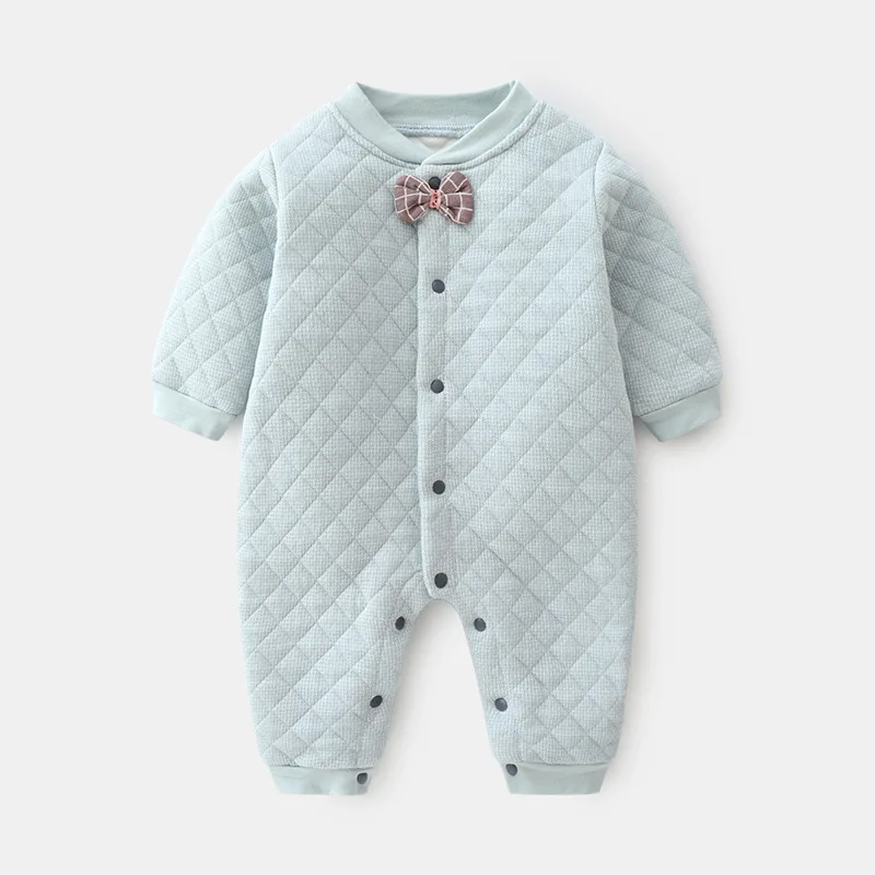 Baby-Strampler für Jungen und Mädchen, Herbst- und Winter-Warme Overalls, Neugeborenen-Karierter Strampler mit Schleife, Schlafanzug Image