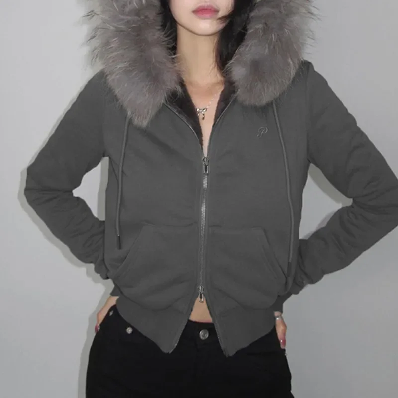 Goth Grau Kunstpelzkragen Mit Kapuze Zip Up Hoodies Gothic Grunge Taschen Herbst Schwarze Jacken Weibliche Y2k Streetwear egirl Strickjacken