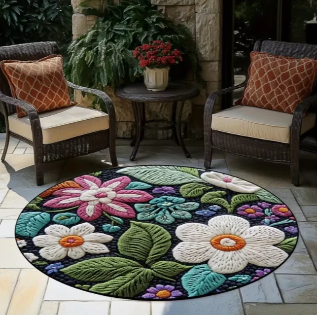 Runder Teppich mit Lebendigen Blumen- und Blattmustern, Flächenteppich mit Lebendigem Blumenteppich Image