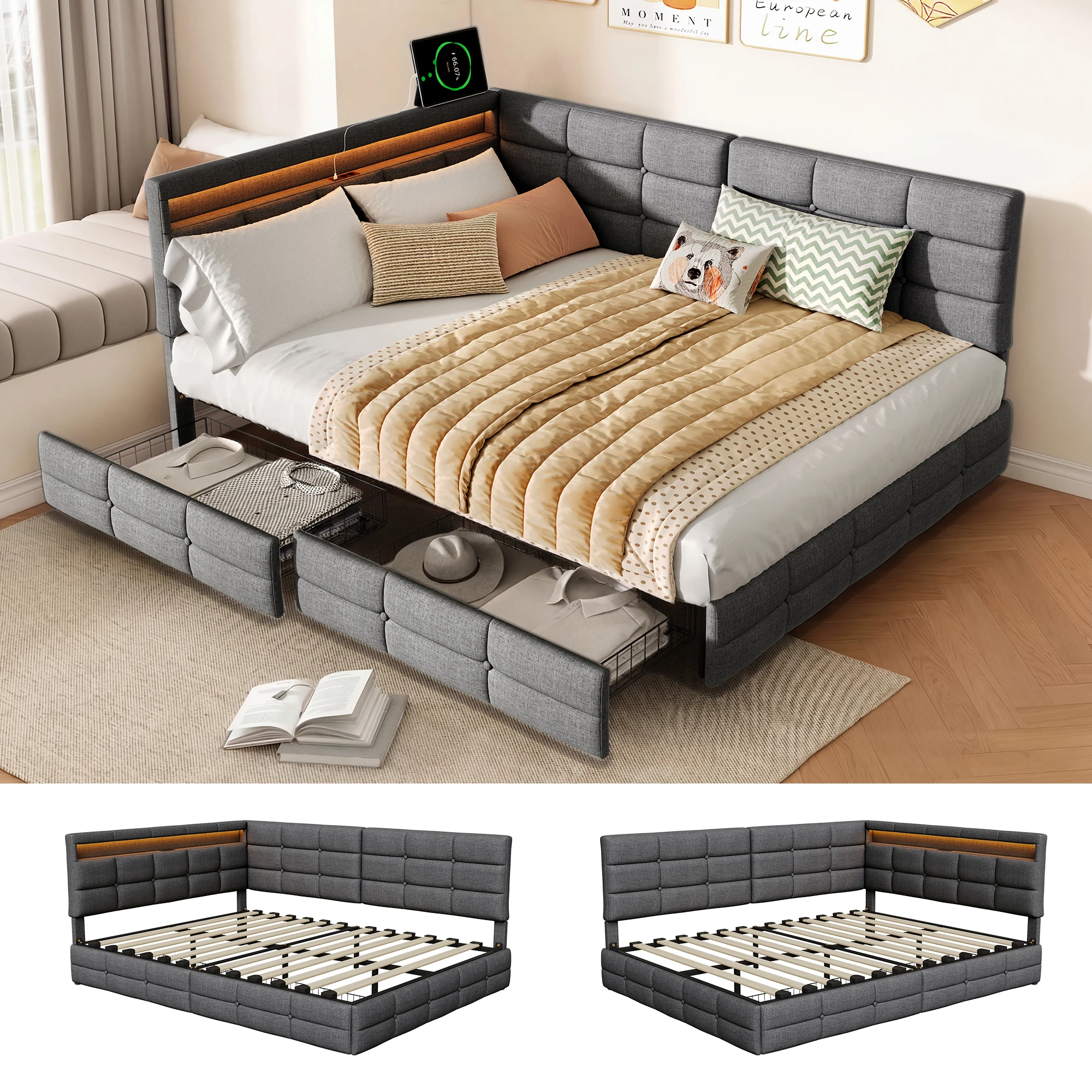 Rosahqnda L-förmiges Schlafsofa 140x190cm mit 2 Schubladen, verstellbares Kopfteil, Tagesbett 140x200cm, Jugendbettgestell, graues Leinen Image