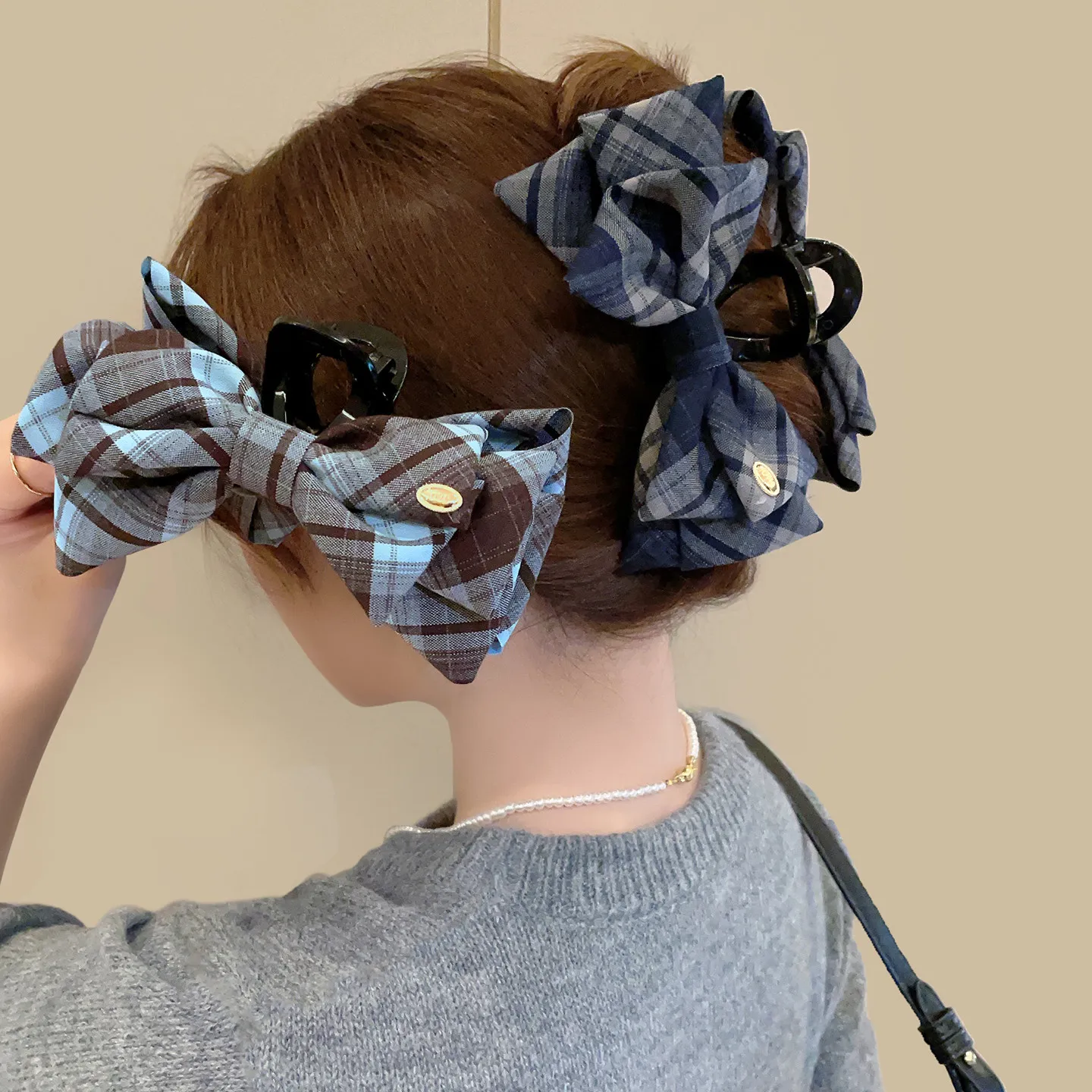 1/3 Stück Retro-Haarspange aus kariertem Stoff mit doppellagiger Schleife für Damen, elegante Haarklammer, modische Haarspange für Mädchen, Haar-Accessoire Image