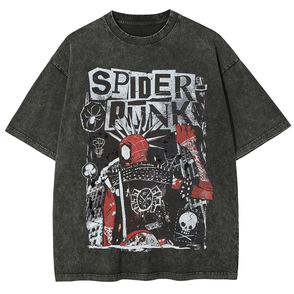 Spider Punks Graffiti-Style Grafik-T-Shirts in Washed Black, Oversized für Damen, Film-Streetwear, Hip-Hop, Baumwolle, Damen-Oberteil, Harajuku