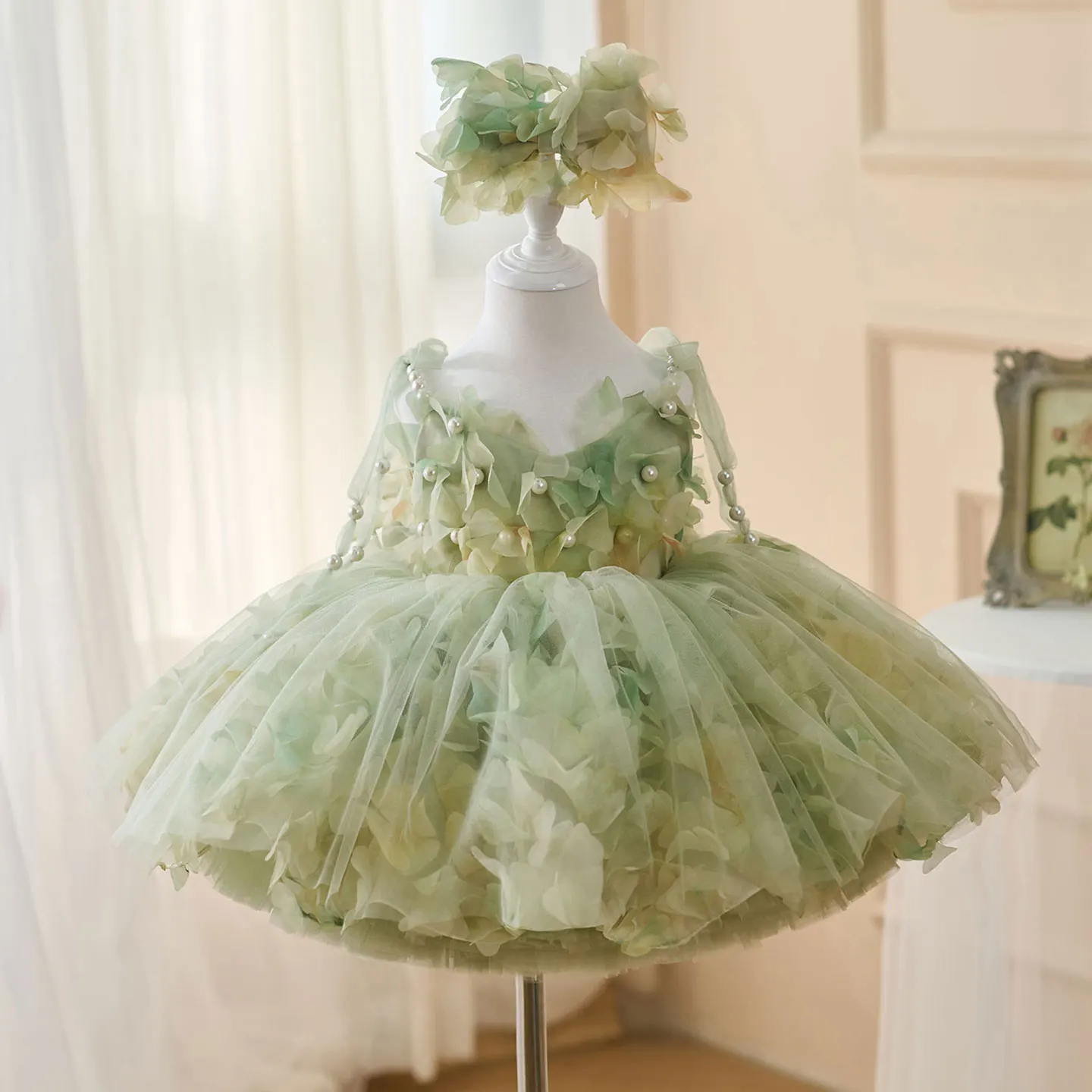Jill Wish D053 Hübsche salbeigrüne Blumenmädchenkleider mit Haarband und Perlen für Baby, Kinder, Hochzeit, 1. Geburtstag, Festzug, Party Image