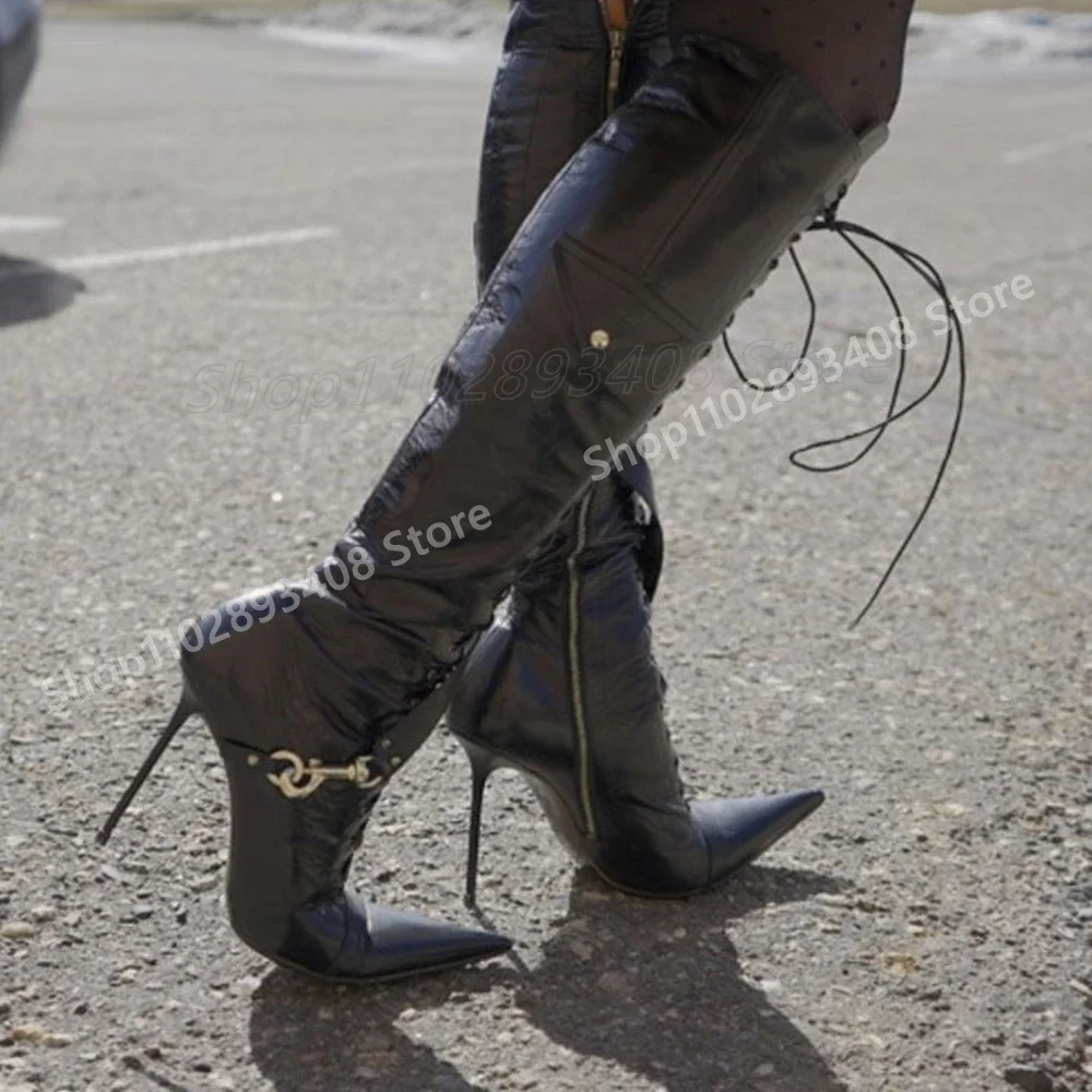 Runway Spitze Seite Zipper Schnalle Gürtel Vorne Lace-up Mittlere Waden Stiefel Stiletto High Heel Mode Sexy Frauen Schuhe 2025, Para Mujere
