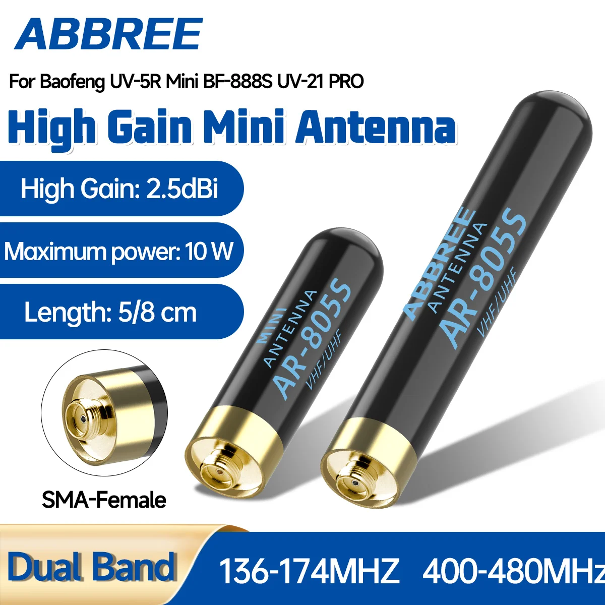 ABBREE AR-805PLUS Mini-Antenne Walkie-Talkie SMA-Buchse UHF VHF High-Gain-Upgrade AR-805S für Baofeng UV-5Rmini UV-5RH Amateurfunk Image