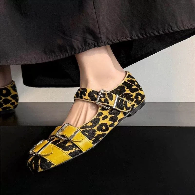 Leoparden-Damenschuhe, Designer-Schnallenschuhe, Flache Sandalen, Lässige Loafer, Modische Mary Jane Schuhe, Damen Zapatos Image