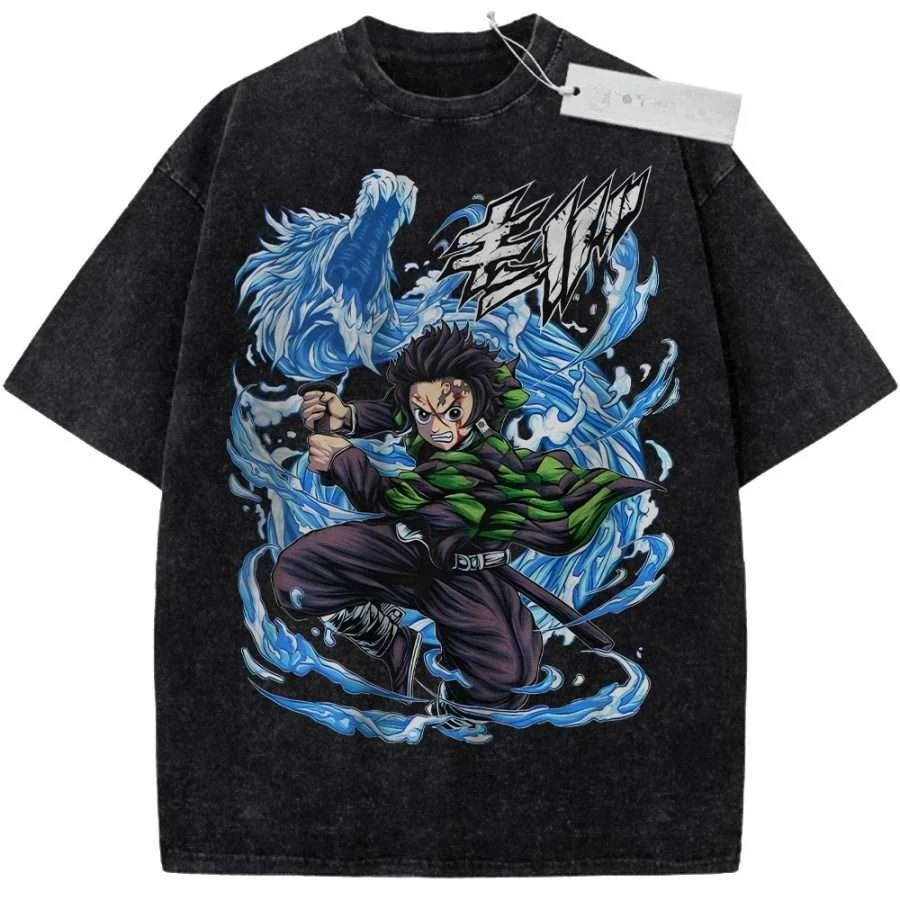 2026 Sommer Herren Schwarzes Washed T-Shirt Demon Slayer Tanjiro Blue Wolf Water Breathing Hochwertiger Stoff für Freizeit Image