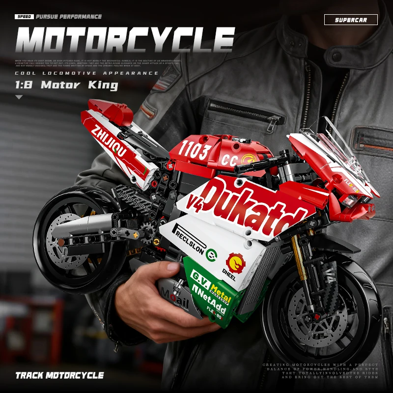Berühmtes V4-Motorrad-Bausteinset, Super-Motorrad-Modellbausatz, technisches Rennmodell, STEM-Zusammenbau-Spielzeug, Geschenke für Jungen und Mädchen Image