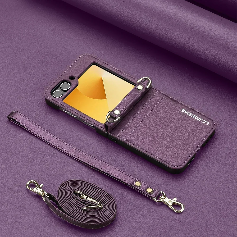 Hochwertige Umhängetasche für Samsung Galaxy Z Flip 7, 6, 5, 4, 3, Kartenhalter, abnehmbares Lanyard, Leder, mobile Abdeckung