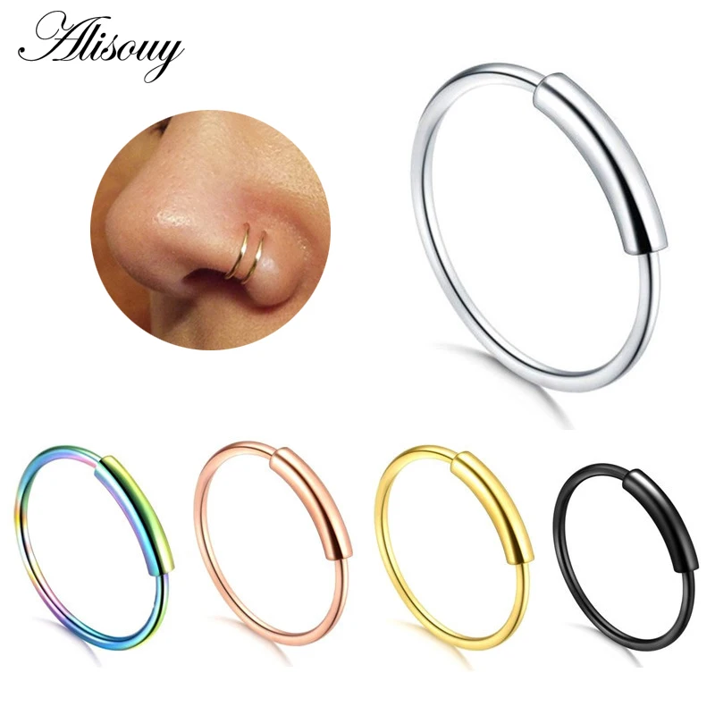 Alisouy Neue Ankunft Edelstahl 1pc 22G Nase Ring Ringe Gefälschte Septum Clicker Körper Schmuck Piercing Suspension Clip auf Schmuck Image
