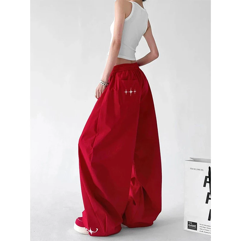 MEXZT Y2K Rote Cargohose für Damen, Streetwear mit Aufdruck, Schwarze Baggy Sweatpants, Harajuku Weiße Weite Jogginghose, Sommer-Freizeithose