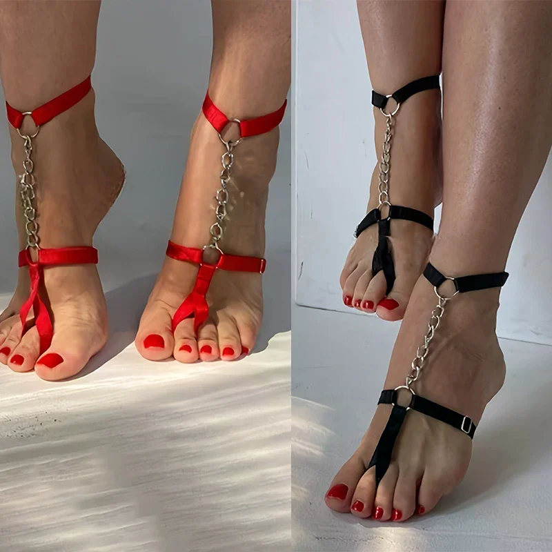 Ketten-Gothic-Fußkettchen mit schwarzem elastischem Band für Damen – Sommer-Barfuß-Fußgurt für High-Heel-Sandalen & Abschlussball Image