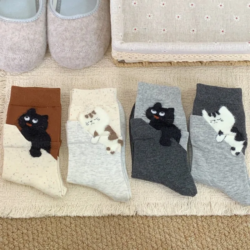 4 Paar Damen-Socken mit Katzenmuster, mittellang, weich, bequem, schweißabsorbierend, atmungsaktiv, lässig, bequem, Damensocken Image