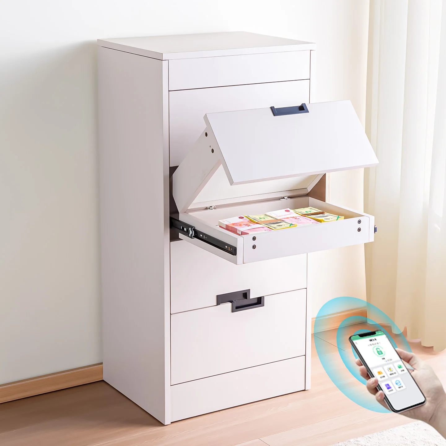 Laminiertes, verstecktes Fach, Kommode, Spind, Schubladenschrank, Wohnzimmer an der Wand, Nachttisch Image