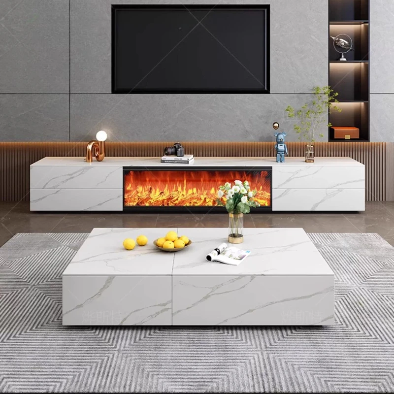 Eingebauter Simulierter Flammen-Elektrokamin TV-Schrank Luxuriöse Wohnzimmermöbel Italienischer Kamin Schiefer-TV-Ständer