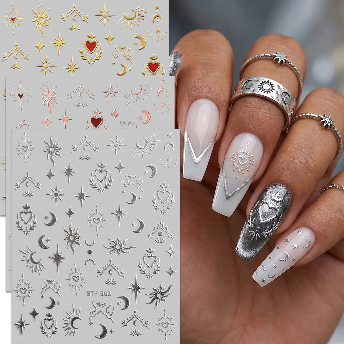 3D Metallische Herz- & Himmelskörper-Nagelaufkleber, Vintage Gold Silber Rot Stern Mond Designs, Ästhetische Boho-Maniküre-Dekoration Image