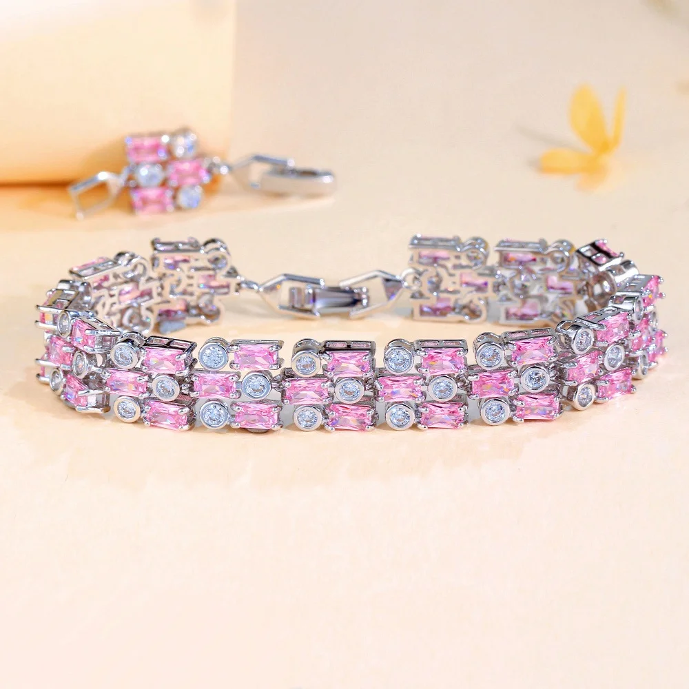 Pera Elegante Damen-Armbänder, groß, breit, Tenniskette, rosa Zirkonia, 3-reihig, Design, Handdekoration, Hochzeit, Muttertag, Schmuck, Geschenk B041