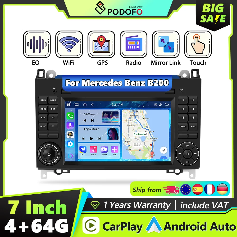 Podofo 2DIN 4+64G Carplay Autoradio für Mercedes Benz B200 Sprinter A-Klasse GPS Android Auto WIFI Mirror Link Intelligentes System Image