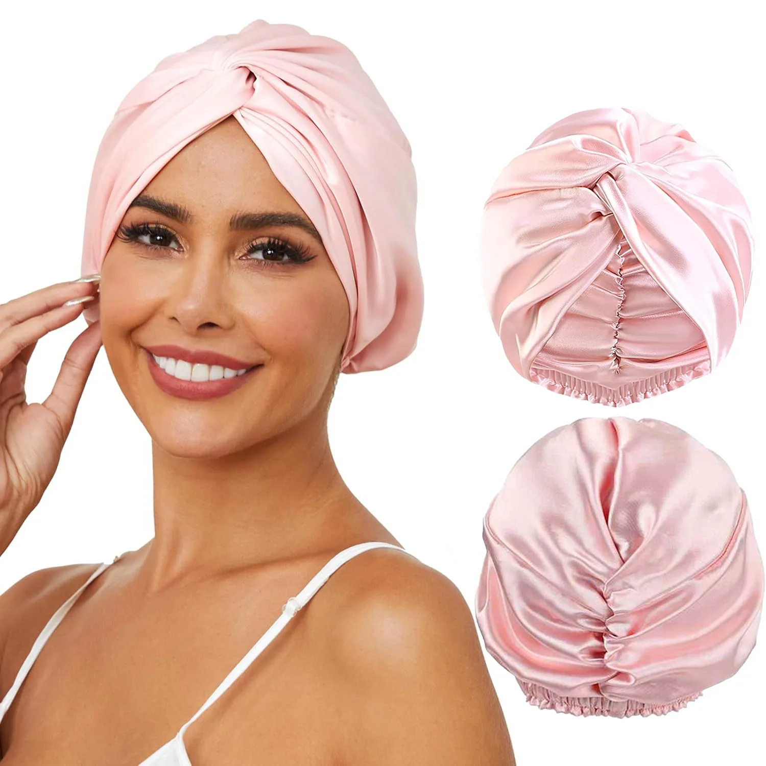 Trendige Schlafmütze im europäischen und amerikanischen Stil mit doppelter Schicht aus seidenähnlichem Material, modische Badekappe, Make-up- und Schönheitskappe sowie Duschhaube Image