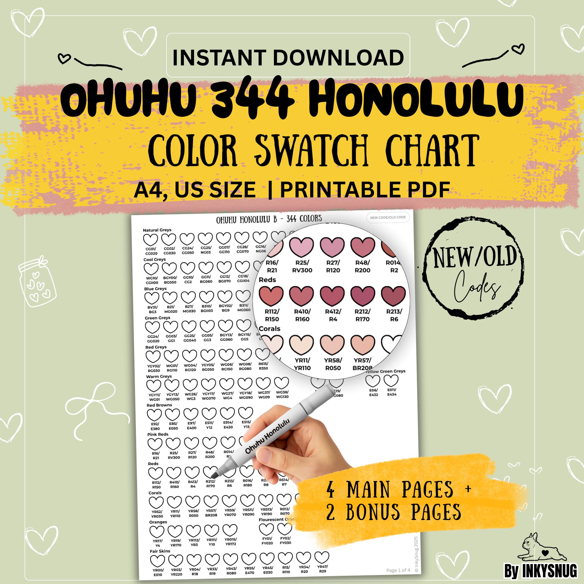 Ohuhu Honolulu 344 Tabella dei campioni di colore / Nuovi, vecchi codici / Download immediato in PDF