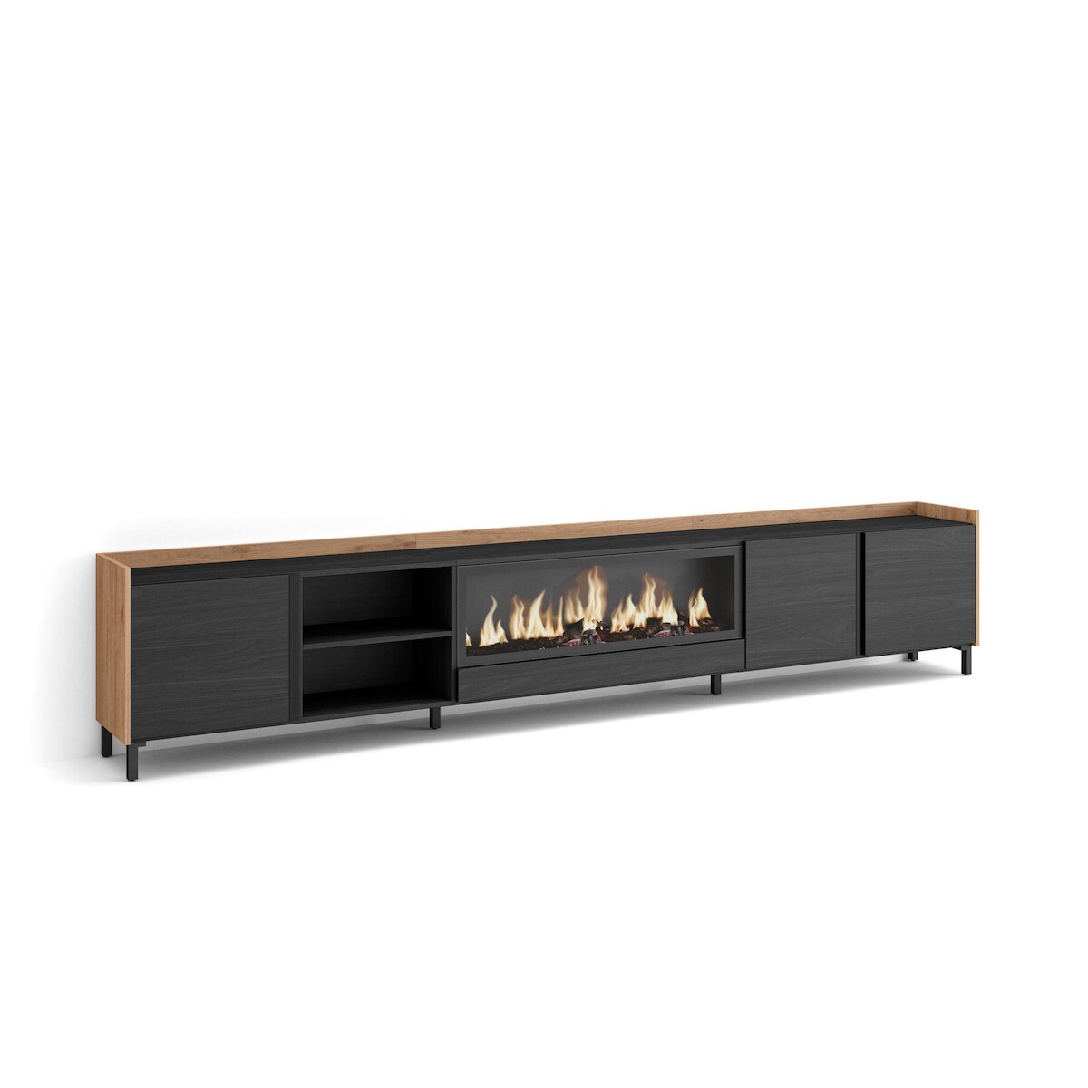 SKRAUT HOME TV-Schrank, Lowboard, 315x61x35 cm, Für TV-Geräte bis zu 80", Elektrokamin XXL, Industriedesign, Schwarz Eiche Image