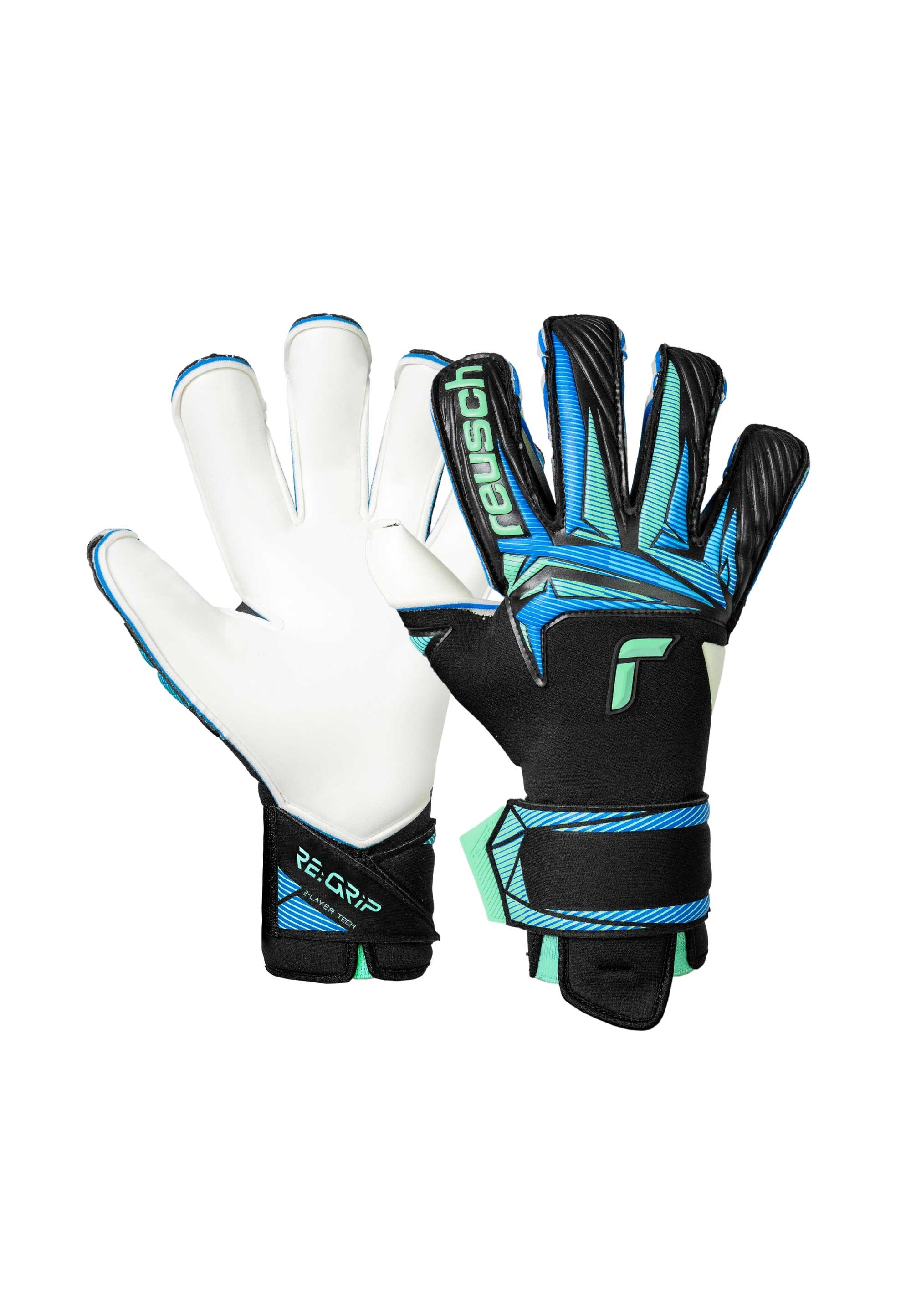 Torwarthandschuhe REUSCH "Attrakt RE:GRIP Evolution", Damen, Gr. 10.5, schwarz, hellblau, 47% Latex, 38% Polyester, 7% Polyurethan, 5% Polyamid, Handschuhe, mit innovativer RE:GRIP-Technologie