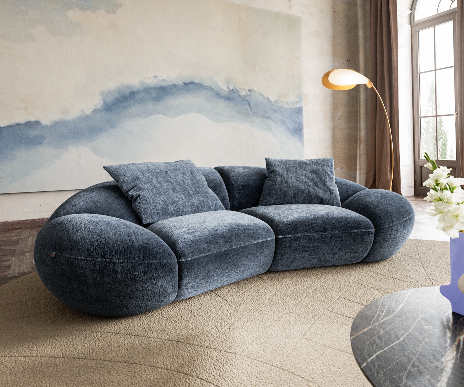 DELIFE 2-Sitzer Lunna 280x170 cm Chenille Blau 2 Kissen, Sofas