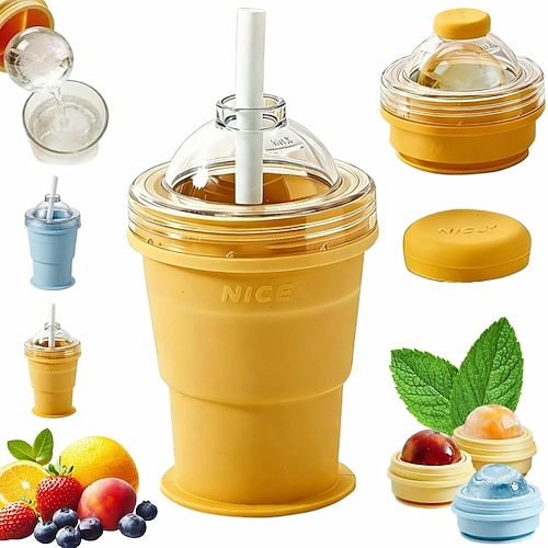 Zusammenklappbarer 2-in-1-Eiswürfelbehälter aus Silikon, berührungslose, große runde Eiswürfelform für Whisky, faltbare Silikon-Eiswürfelschale Reisebecher, mit einem Klick leicht zu entformen, Image