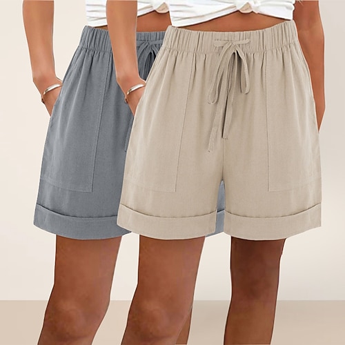 Damen Shorts aus Baumwollleinen Shorts Sommershorts Strandshorts Urlaub Basic Kurz Hohe Taille Einfach Tasche Elastischer Bund Bequem Weich Unelastisch Täglich Outdoor Straße Khaki Schwarz Image