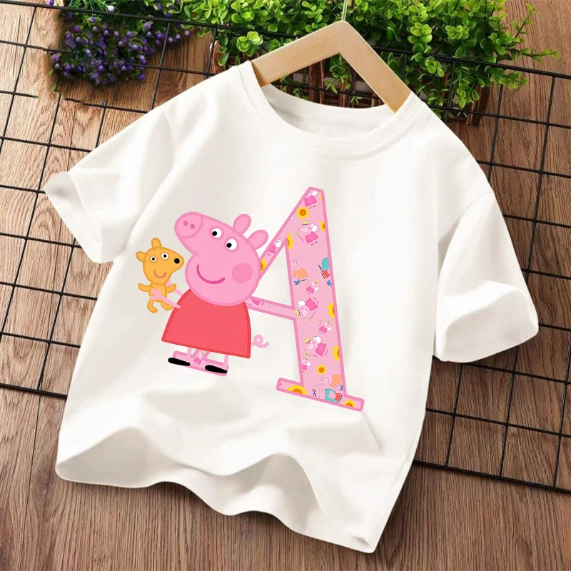 T-shirt per bambini Peppa Pig T-shirt stampata con lettera A-Z di cartoni animati Kawaii T-shirt estiva casual per ragazze Top a maniche corte Abbigliamento per bambini