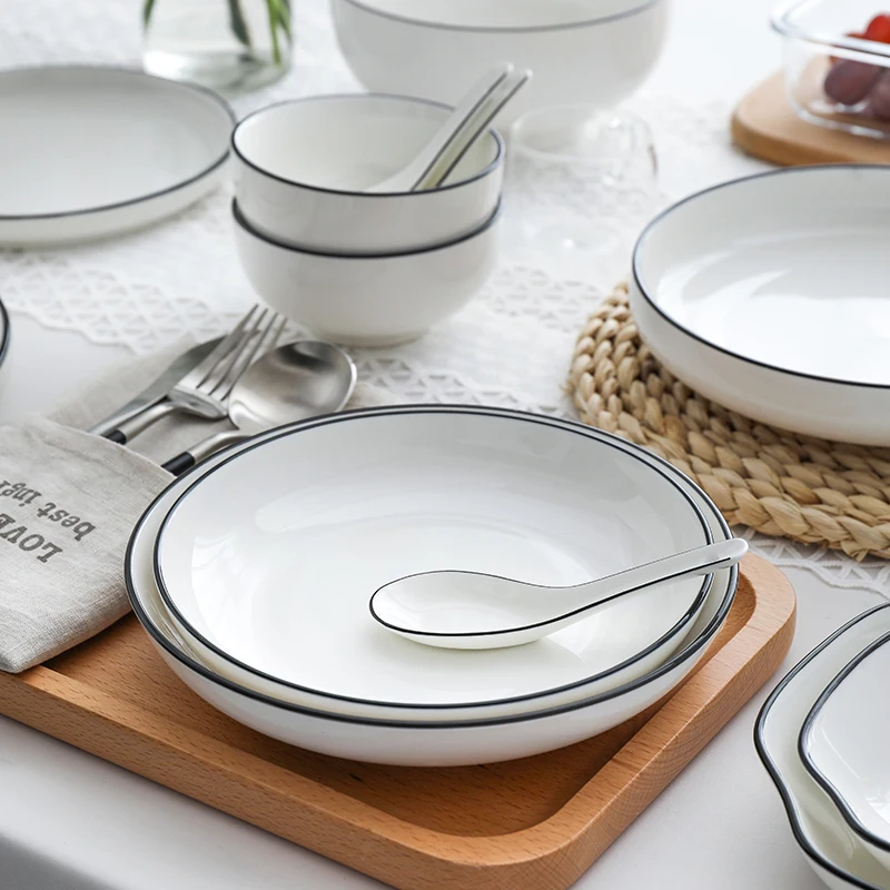 Assiette de cuisine en céramique blanche avec bord noir, Escalade de cuisine, Plats alimentaires, Riz, diligence, Nouilles, Filles à soupe, Outil de cuisson de cuisine, Vente 1 pièce