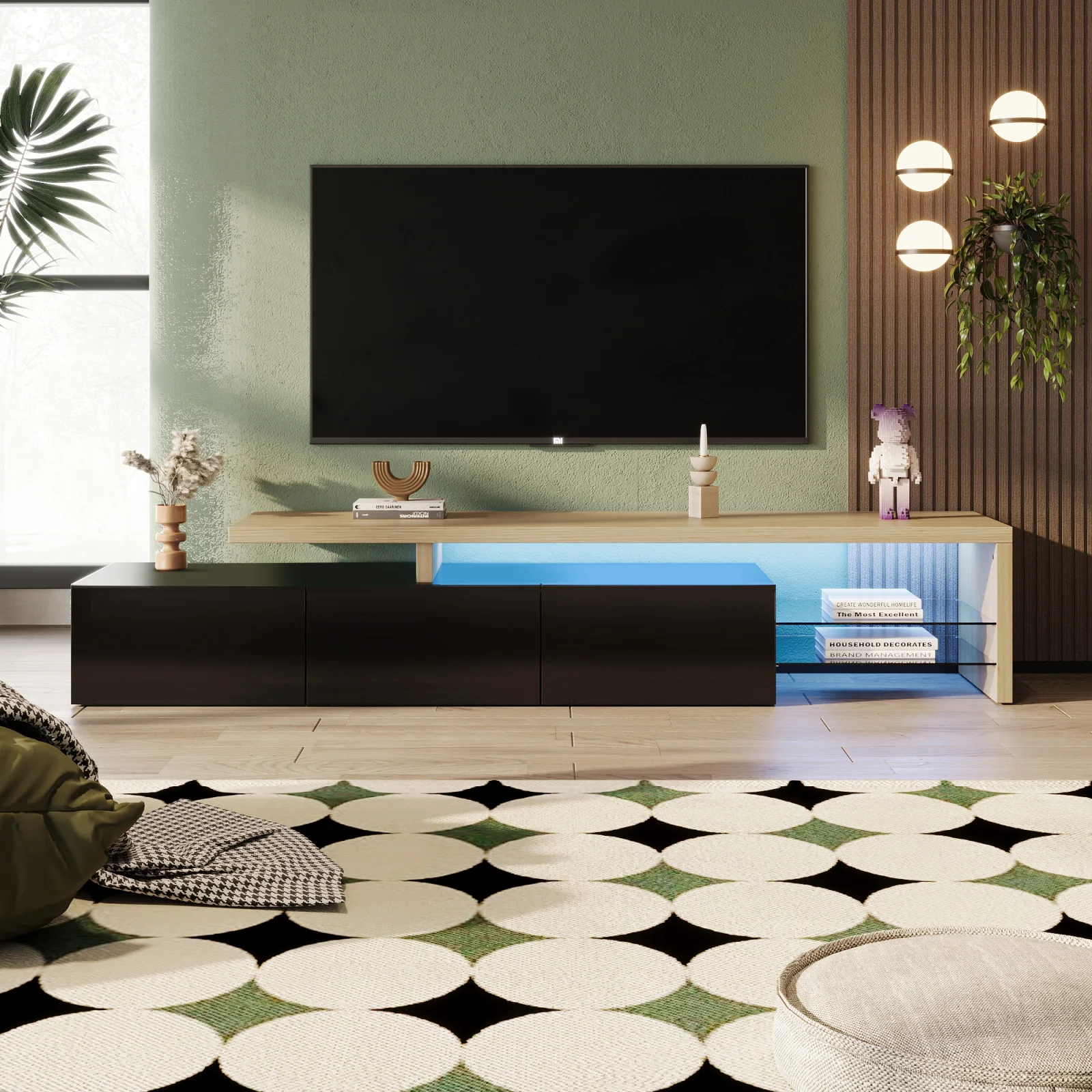 Meuble TV RosahqndaTV, extensible, avec éclairage LED, meuble TV, table TV, bois avec rangement, console TV, meuble TV,